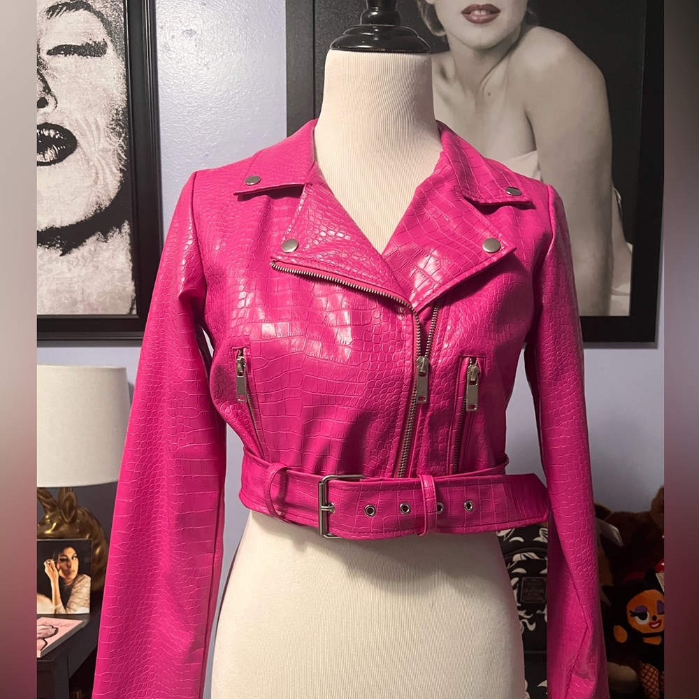 Forever 21 Hot Pink Croc-Embossed Faux Leather Moto Jacket